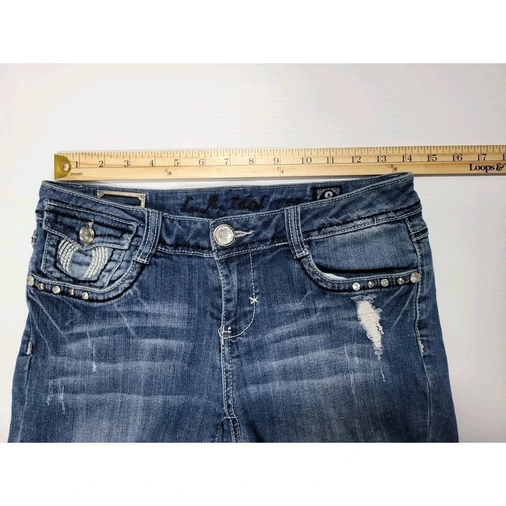 LA Idol USA Womens Distressed Denim Shorts Wing Rhinestone Studded Blue Size 9